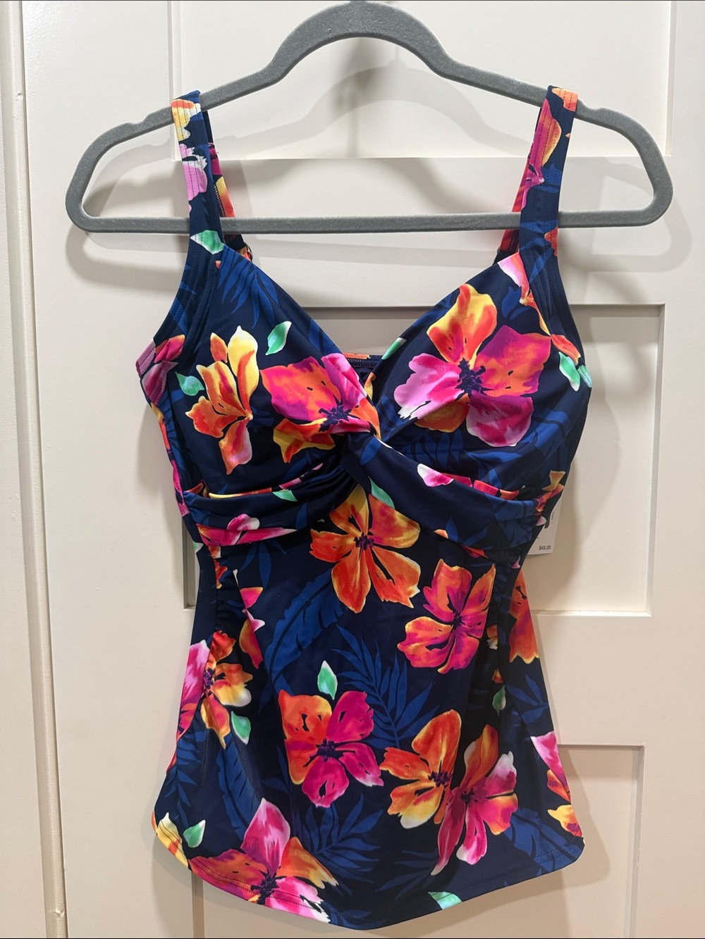 Lands' End Navy Floral Tankini Top with Bright Pink Orange Yellow Blooms size 8